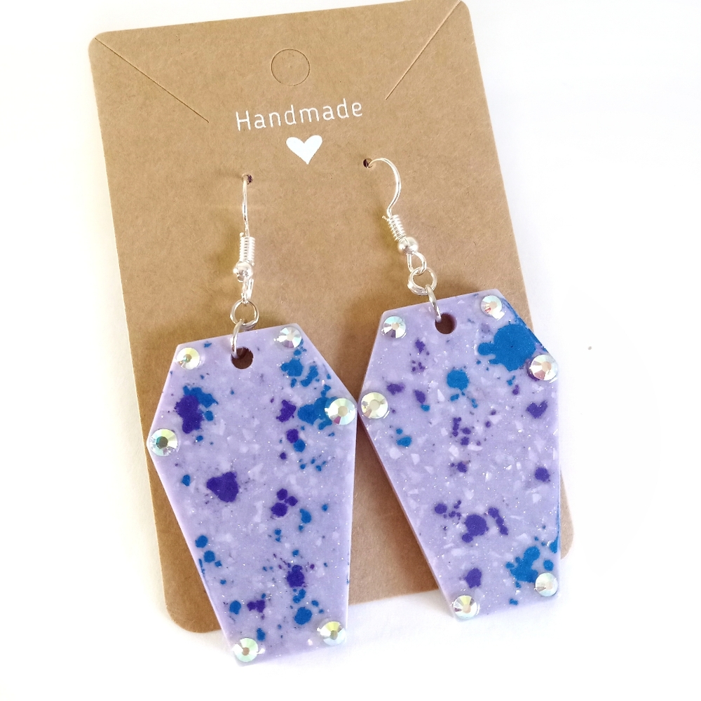 Coffin shaped purple and blue splatter dangle earrings rhinestone accents new